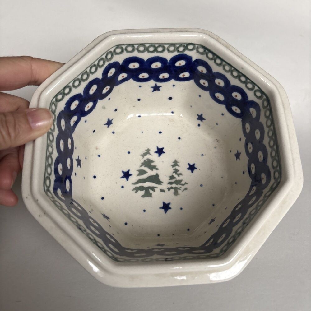 NWT BOLESLAWIEC stoneware bowl octagon Christmas Tree Stars Polish pottery 6”